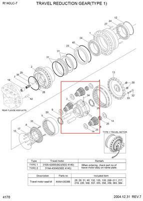 R140-7 R160-7 Pièces de boîte de vitesses XKAH-00357 XKAH-00358 XKAH-00355 XKAH-00356 R140-7 ASSY du transporteur